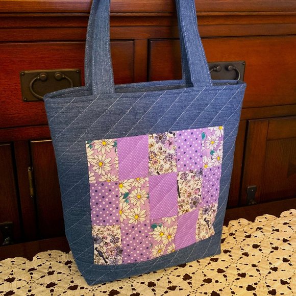 Handmade Denim and Lavender Floral Patchwork Quilted Tote Bag with Zip Closure - Picture 3 of 9